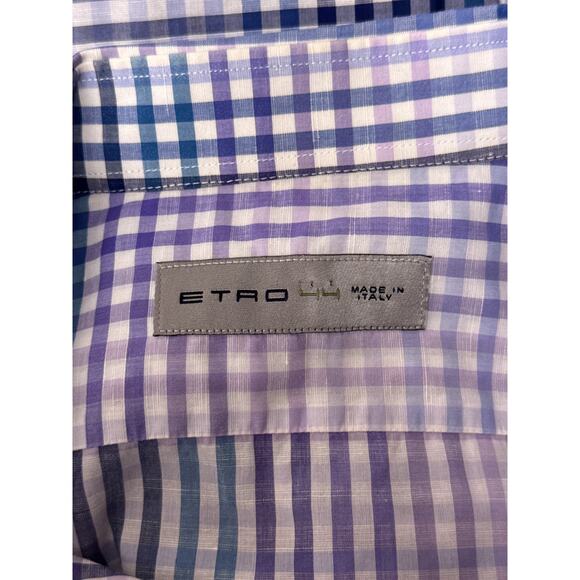 Etro Shirt 44 / XL Mens Linen Gingham Check Blue Long Sleeve Button Down - Picture 7 of 8